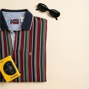 Bugle Boy Vintage Classic Men's Burgundy Green Striped Rugby Polo